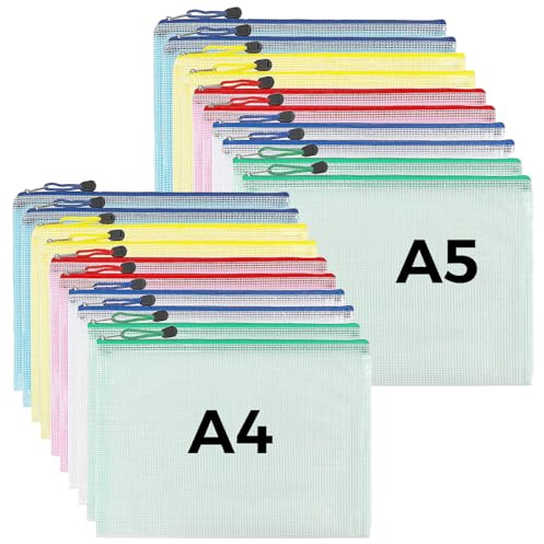 KOOSREEL A4 + A5 dokumentväska med 20 st dragkedja, plastmapp i 5 färger, för förvaring av små föremål, kosmetika, resetillbehör osv, färg