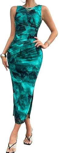 Sukiglam Vestito Donna Elegante Maxi Abiti Senza Maniche Collo Rotondo Abito Lungo Sexy Stampa Floreale Aderente Vestiti della Sera e Cerimonia Estiva Abito Bodycon Tubino per Feste Cocktail Nozze