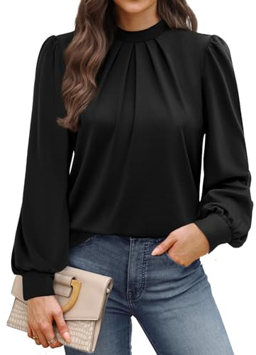 WIHOLL Blouses for Women Long Sleeve Tops Mock Neck Pleated Shirts Ladies Tops Business Loose Fit