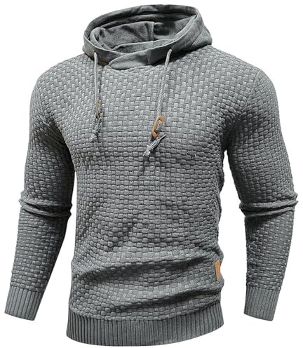 PADOLA Felpa con Cappuccio Uomo Maglione a Quadri Jacquard Manica Lunga Pullover Casual Autunno Inverno Morbido e Comodo(L,Grigio Scuro)