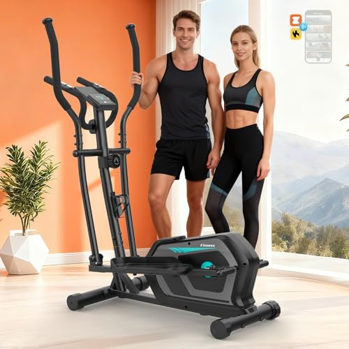 Neezee Crosstrainer für Zuhause mit Bluetooth-App,16-Stufiger Widerstandsstufen, 6 kg Magnetischem Schwungrad, Ellipsentrainer mit LCD-Monitor, Pulssensor, Flaschenhalter-Gerätehalterung