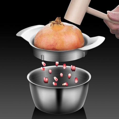 Opatiny Pelador y descorazonador de granada de acero inoxidable con base antideslizante, cuenco y mazo de madera para quitar frutas
