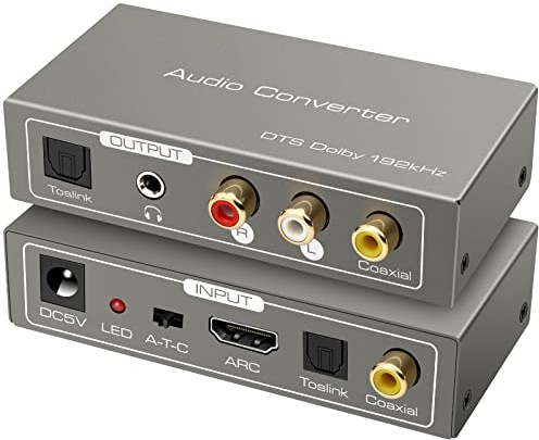 Convertisseur Audio DAC, HDMI Audio Extractor 192 kHz ARC Coaxial Optique vers SPDIF Coaxial Optique RCA L/R sortie stéréo 3,5 mm pour TV, PS5, Xbox, Amplificateur, Barre de Son, Home Cinéma