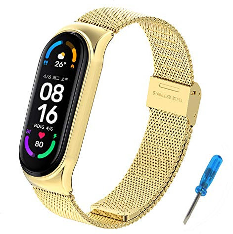 BDIG Kompatibel für Xiaomi Mi Band 5 Armband MiBand 6, Metall MiBand 4/3 Ersatzarmband Wasserdicht Edelstahl Replacement Wrist Strap Zubehör Uhrenarmband für Xiaomi Mi Smart Band 6/5, Gold