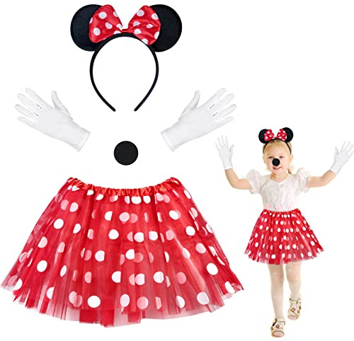 Fennoral 5pcs Kids Mouse Ears Diadema Orejas de ratón Nariz Tutu Falda Guantes blancos Diadema Mouse con pajarita roja para niños Fiesta de disfraces Cosplay Disfraz Globo Decoración