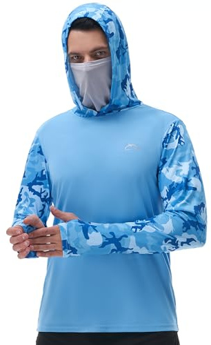 FISHEAL Long-Sleeve Fishing Hooded Shirts for Men - Lightweight Cooling Dry SPF Sunblock Thumb Holes Shirt with Breathable Neck Gaiter
