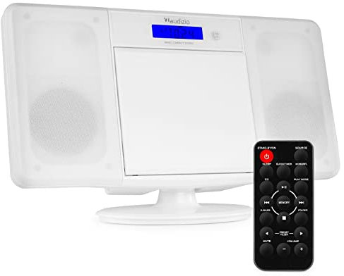 Audizio Nimes Home Sistema estéreo HiFi con Bluetooth, Reproductor de CD, MP3 USB, sintonizador de Radio FM, Incluye Mando a Distancia, X-Bass, Conexion de Auriculares - Blanco
