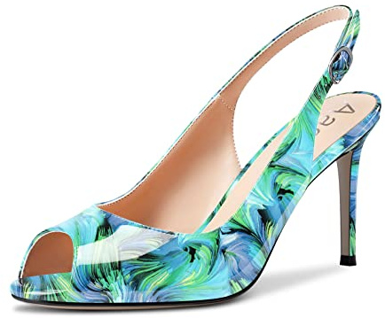 Aachcol Femmes Aiguille Ouvert Bout Escarpins Bloc Chunky Mi Haut High Talon Heel Slingback Lanières Cheville Sandales Dress Chaussures Party Vert Multicolore b 8.5 CM 37 EU