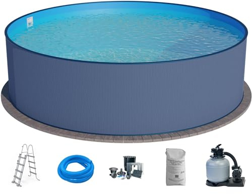 Planet Pool Stahlwandpool Set (7-teilig) hoch rund 300 x 120 cm, Stahl 0,4 mm anthrazit Folie 0,4 mm blau