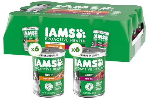IAMS Proactive Health Wet Dog Food Adult, Canned Dog Food, Chicken Chunks in Gravy and Beef Chunks in Gravy, 13 oz. Cans, Pack of 12