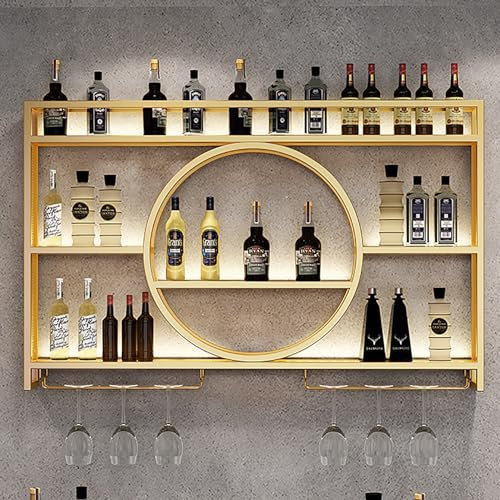 Estante de Vino Montado en la Pared Con Luz LED - Unidad de Barra Flotante Para Exhibición de Botellas de Licor - Almacenamiento Multifuncional Con Soporte Para Copas