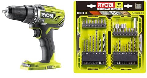 Ryobi - Perceuse-visseuse 18V - 2 vitesses - 50 Nm - 500-1 800 tr/min - 22 positions - mandrin 13 mm & Coffret Empilable 32 Accessoires Mixtes Perçage - Vissage - Boulonnage + 1 Porte-embout PH