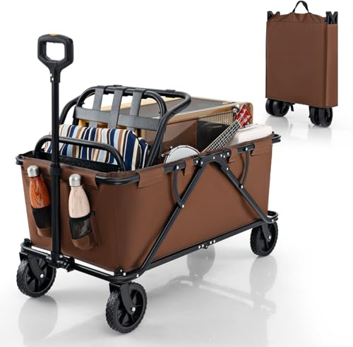 COSTWAY vikbar rullvagn, handvagn med justerbart handtag, mugghållare och förvaringsväska, trädgårdsvagn kan belastas upp till 100 kg, transportvagn för shopping, camping (kaffe)