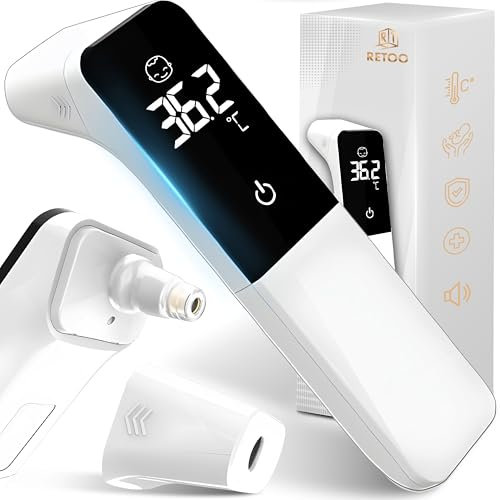 Retoo Fieberthermometer Stirnthermometer Digitales Thermometer Infrarot für Babys und Erwachsene Temperaturmessgerät Hygienisch Fieberalarm LCD Anzeige 20 Speicherabruf Weiß