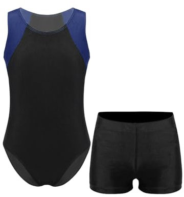 Runhomal Kinder Jungen Turnanzug Gymnastik Trikot mit Shorts Set Tanzen Ballet Kleidung Ärmellos Trikotanzug Ballttkleidung Wettkampf Tanzkostüm Marineblau und Schwarz A 146-152