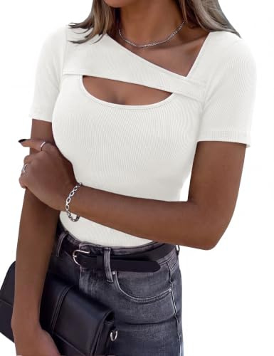 Aottori T-Shirt Donna Manica Corta Scollo Asimmetrico a Coste Slim Fit | Maglietta, Estiva, Basic Top, Elasticizzato Elegante, Shirts, Sexy Casual