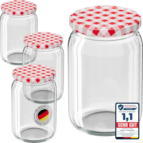 WELLGRO 50x Einmachgläser mit Schraubdeckel - 550ml - Deckel rot kariert To 82 - Made in Germany - Vorratsgläser mit Deckel, Gärglas, Dessertgläser