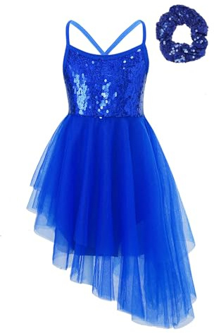 Oyolan Kids Girls Sequins Lyrical Ballet Dance Dress Irregular Mesh Tutu Camisole Dance Leotard Ballroom Costume Blue 11-12 Years