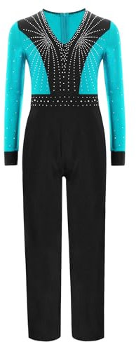 Yruioon Kinder Turnanzug Jungen Glitzer Gymnastikanzug Langarm Ballettanzug Ganzkörper Trikot Leotard Eiskunstlauf Body Sport Overall Jumpsuit Blau Grün 134-140