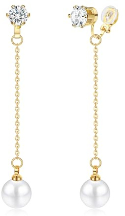 Kakonia Boucle D'oreille Clip,Perles Clips Oreilles Non Percées Argent Or Faux Piercing Hypoallergénique Cz Boucles Oreilles Clip Acier Inoxydable Boucle D Oreille Clips Femme Pendantes