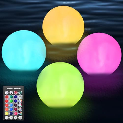 SGZIOO Boule Lumineuse Piscine 16 RGB, 4 Pièces Lampe Flottante Piscine, Lumiere Piscine Flottante avec à Télécommande, IP68 Lumière Piscine étanche, Couleur LED pour Enfants, Piscine, Etang, Fête