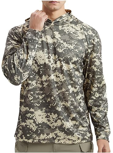 Men's UV Sun Protection Shirt Sale, UPF 50+ Camo Hoodie Long Sleeve Quick Dry SPF Hiking Fishing Shirts Rash Guard Camouflage Tees Moisture Wicking Sport Tops Sweatshirts Plus Size S-XXL