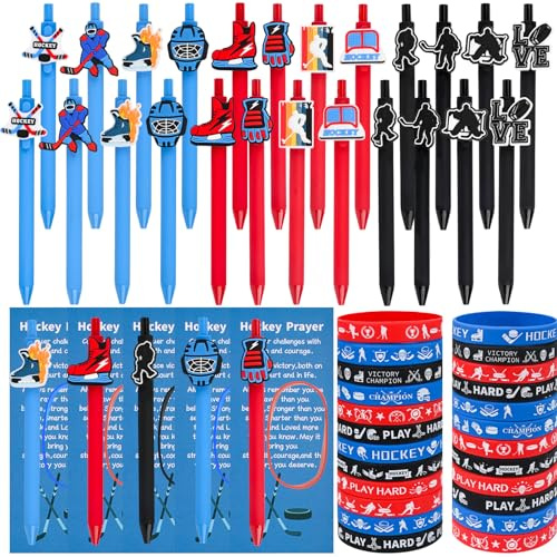 LiYiQ 72 Pcs Hockey Party Favors Hockey Team Gifts Hockey Goodie Bags Stuffers Hockey Ballpoint Pens Bookmark Card and Silicone Bracelet