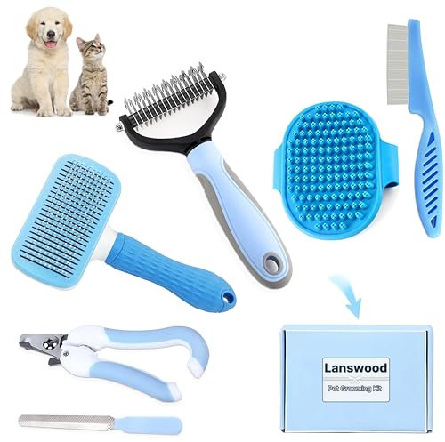 Lanswood Hundebürste Katzenbürste 6-teiliges Haustierpflege Set - Hundebürste Unterwolle, Hundepflege Rechen, Hundeknipser und -trimmer, Flohkamm, Badebürste | Blau