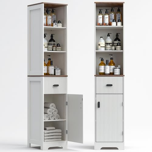 Butinsx Tall Modern Bathroom Cabinet, 68.5 H Storage Cabinet with Fluted Wave Door, Drawer, Adjustable Shelves, Narrow Cabinet for Kitchen, Living Room, Entryway, White