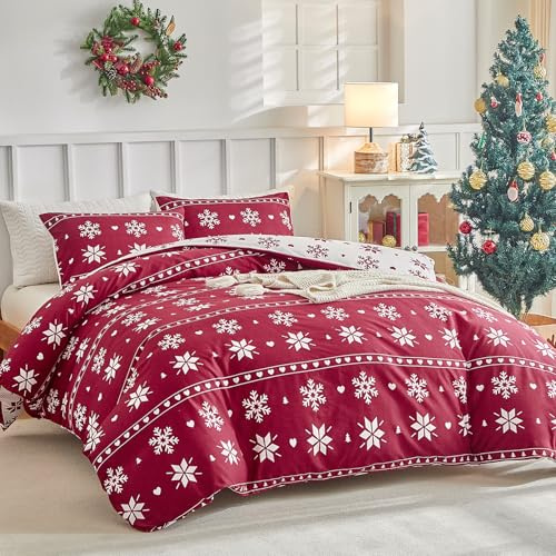 Set copripiumino natalizio Tokokimo a doppio strato Rosso - Set copripiumino natalizio con stampa di fiocco di neve (1x copripiumino, 2x federe) Biancheria da letto invernale in microfibra morbida