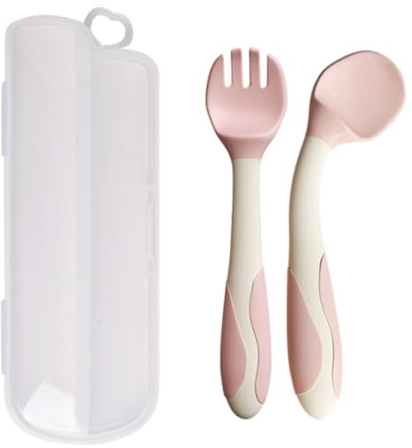 ZORVYN 2PCS Posate Svezzamento Flessibili e Resistenti al Calore, Cucchiaio e Forchetta per Bambini, Set Utensili per Neonati Svezzamento (Rosa)