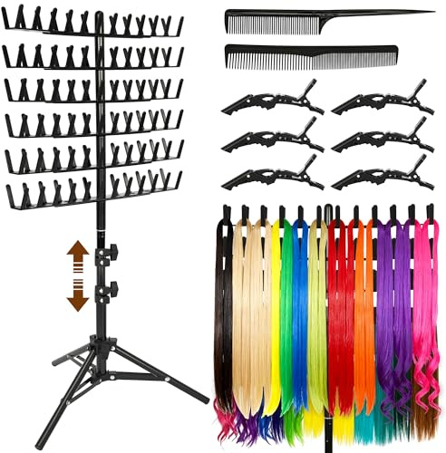 aleawol Support à cheveux à tresser avec 144 pinces à cheveux, hauteur réglable de 76 à 128 cm, cintre double face pour perruque avec peignes et pinces à cheveux, support d'extension de cheveux