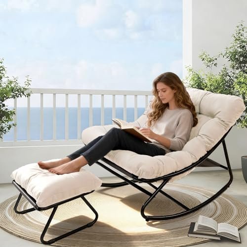 AlpineAura Silla mecedora con taburete para jardín, Sillón mecedora de relajación, Silla de lectura para salón, con acolchado, Silla oscilante para patio, hasta 150 kg, para jardín, patio, dormitorio