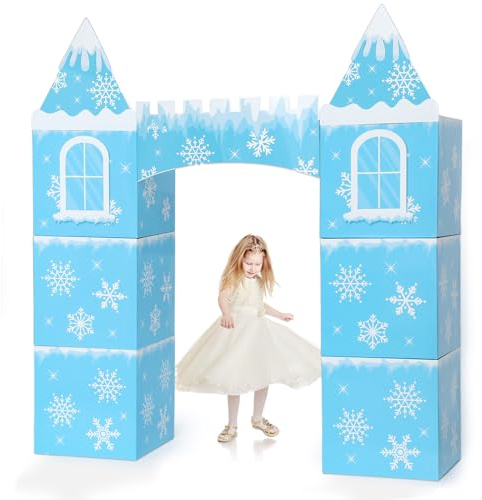 gisgfim 9 Pcs Large Winter Cardboard Castle Playhouse Snowflake Party Cardboard Princess Castle Decorations Winter Wonderland Princess Fort for Birthday Kid Girl Trunk or Treat Car Boxes Kit