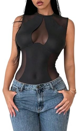 GORGLITTER Nätkropp för kvinnor, sexig body, stringbody, tanktopp, utskuren, body, sexig outfit för kvinnor, svart, XS