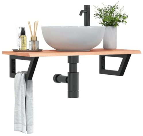 HaoChrymec Encimera de Lavabo con Soporte de Acero y Roble Macizo, Mueble Bajo Lavabo, Diseño Compacto, Ahorro de Espacio, para Baño y WC, Color Marrón Claro y Negro, 80 x 40 x 2 cm