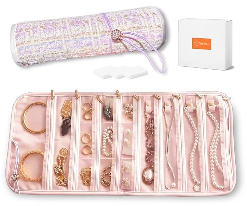 Tweed Jewelry Roll Organizer Travel with 17 Zippered Compartments, Necklace Organizer Tangle-Free, Portable Roll up Jewelry Storage Bag for Bracelets,Rings,Earrings,Scratch Protection,Display(purple)