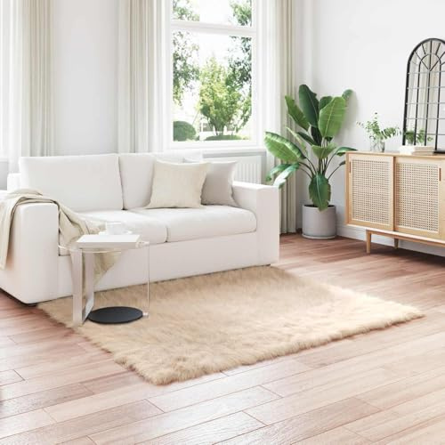 Tonture matta i konstfårskinn, beige 160 x 160 cm kvadratisk, mjuk polyester Flokati med 6 cm, lugghöjd för vardagsrum, sovrum, golv, dekoration, lyxig, mysig värmeisolerande