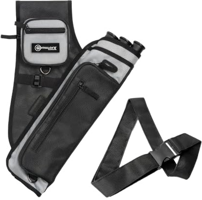 Penthalon GuardX Carquois latéral pour flèches – Carquois robuste pour adultes et enfants, transport latéral pratique, ceinture réglable, pour droitiers, noir/gris, 45 x 33 x 5 cm
