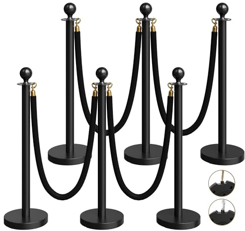 6 Pack Black Stanchions and Velvet Ropes Set, Stainless Steel Crowd Control Barriers, 4Pcs Black Ropes and Poles for Party Supplies,Photobooth Accessories, Prom,Birthday,Business,Wedding, Museums