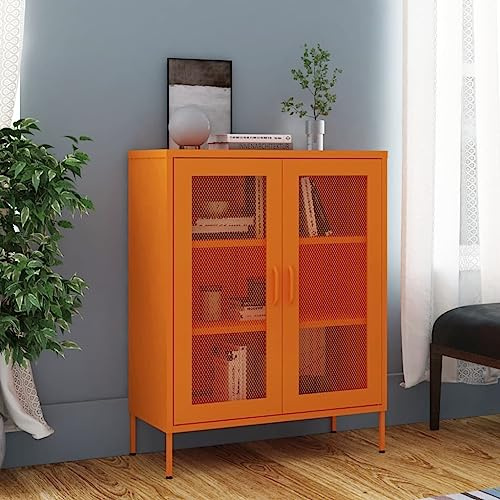 Kangardius Armoire de rangement orange en acier 80 x 35 x 101,5 cm avec 2 portes en maille et pieds réglables, armoire multifonction avec compartiment et serrure pour bureau, salon, couloir, garage