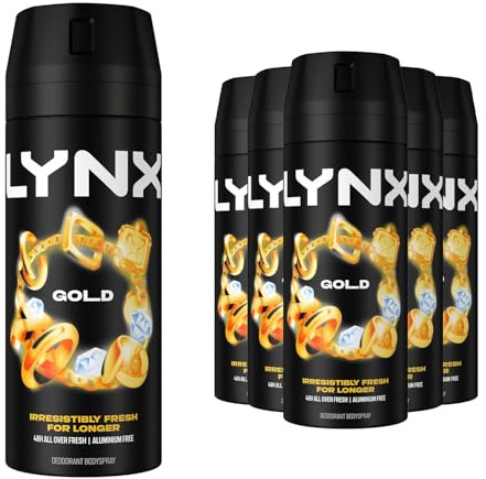 Lynx Gold Aerosol Body Spray Men's Deodorant Spray with an oud wood & fresh vanilla scent for 48 hours of odour busting, high defnition fragrance 6x 150 ml