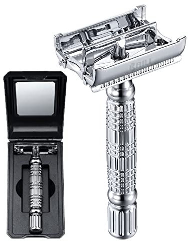 BAILI Butterfly Double Edge Rasierhobel Rostfrei Wiederverwendbar Manuell Edelstahl DE Nassrasur für Männer Frauen mit verspiegeltem Reiseetui Silber BD179C