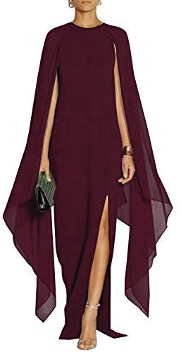 MAYFASEY Damen Elegant High Split Flare Sleeve Formal Evening Gowns Maxi Dress with Cape, weinrot, L