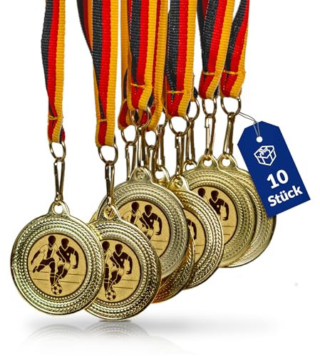 pokal-fabrik.de - Fußball-Medaillen 10er Set Metall - Fussballmedaille golden zum Umhängen für Siegerehrungen - Medaillen Kinder mit Deutschlandband & Emblem für Vereine & Turniere