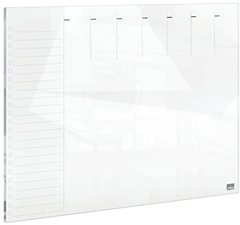 Nobo Glass Weekly Planner Magnetic Whiteboard, Dry Erase Surface, Frameless, Home/Office, 430 x 560 mm, Includes Marker Pen, White, 1915602