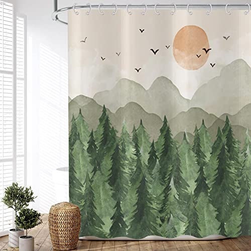 ASDCXZ Duschvorhang Wald 180x180 cm, Asiatische Chinesische Malerei Aquarell Grün Hölzer Peak Vogel Waschbar Duschvorhänge Polyester Textil Wasserdicht Duschvorhang für Badewanne mit 12 Haken