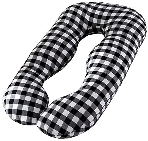 FANSU U-förmiges Schwangerschaftskissen, Seitenschläferkissen Komfortkissen&Weich Vlies Ganzkörperkissen für Erwachsene Für besseren Schlaf und gegen Rückbeschwerden (140x75cm,Schwarz kariert)