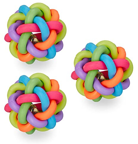 Relaxdays Hundespielzeug Ball, 3er Set, Gummiball mit Glocke, Katzenball, Ø 6,5 cm, Knotenball Hund, Kauspielzeug, bunt