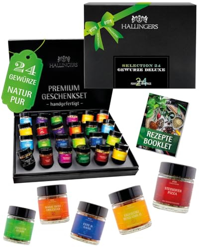 Hallingers Genuss Manufaktur Gewürze Geschenkset – 24 Premium Gewürze aus aller Welt im Glas, edle Geschenkbox, Gewürz-Set Selektion No. 2, Geschenkidee für Männer & für Frauen, auch zu Weihnachten
